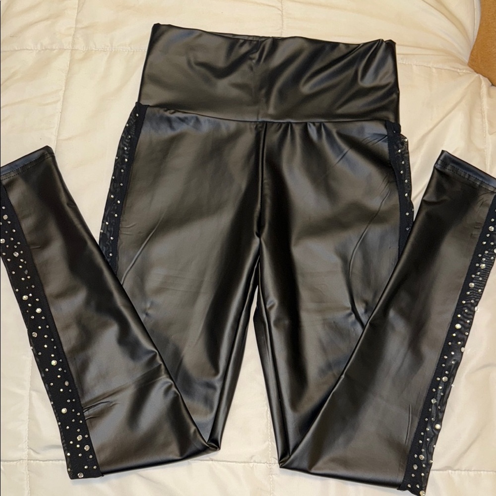 Black Faux Leather Leggings with Studded Sides